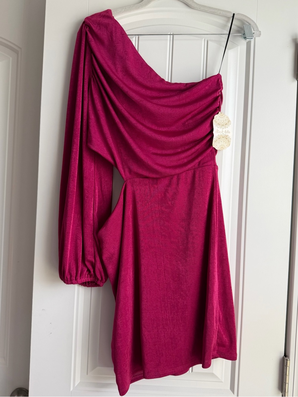 Altar'd State Fuchsia One-Shoulder Draped Mini Dress